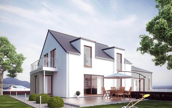 Mehrgenerationenhaus Solution 183, Variante 2, von Living Haus. Ein Fertighaus mit 2x Zwerchgiebel Pultdach S, asymmetrischer Rechteck-Erker mit Balkon und Dachüberstand „Design“ 