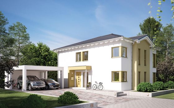 Zweifamilienhaus Solution 204, Variante 7, von Living Haus. Ein Fertighaus mit Doppel-Carport, Querhaus mit Satteldach und Eingangsüberdachung L-Design